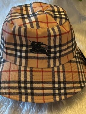 Beige Plaid Bucket Hat with Black Embroidered Detail